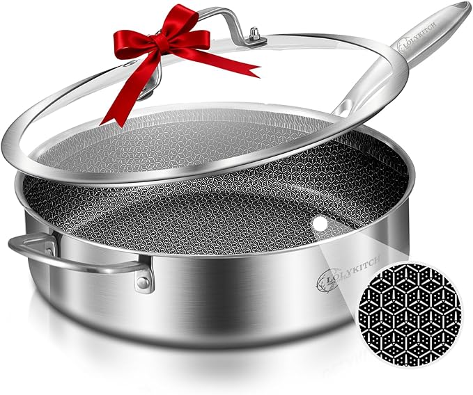 LOLYKITCH 6 QT Large Skillet with Lid, 12 Inch Nonstick Deep Frying Pan, Tri-Ply Stainless Steel Hybrid Saute Pan for Family Meals, Induction Oven Compatible Ceramic Coated, Detachable Handle
