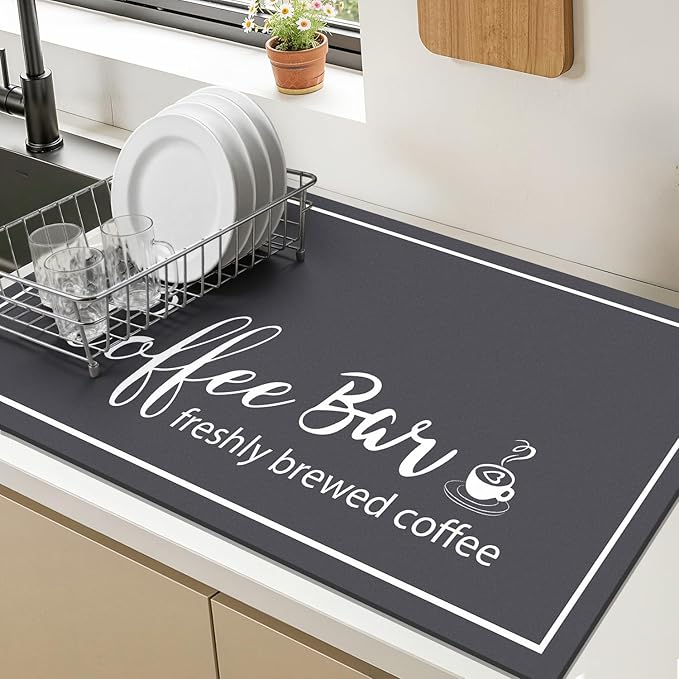 Findosom Dish Drying Mat, 12"x 20" Super Absorbent & Hide Stain Coffee Mat, Cuttable Drying Mat for Kitchen Counter, Coffee Bar Accessories, Under Dish Rack, Coffee Maker, Espresso Machine, DarkGrey