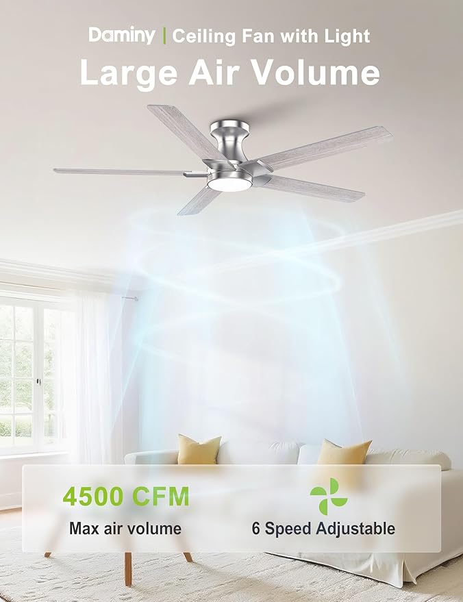 DAMINY 52 inch Nickel Ceiling Fans with Lights,5 Blades,6CCT, Low Profile,Remote Control,for Bedroom, Kitchen,Living Room,Indoor/Outdoor Use,Flush Mount