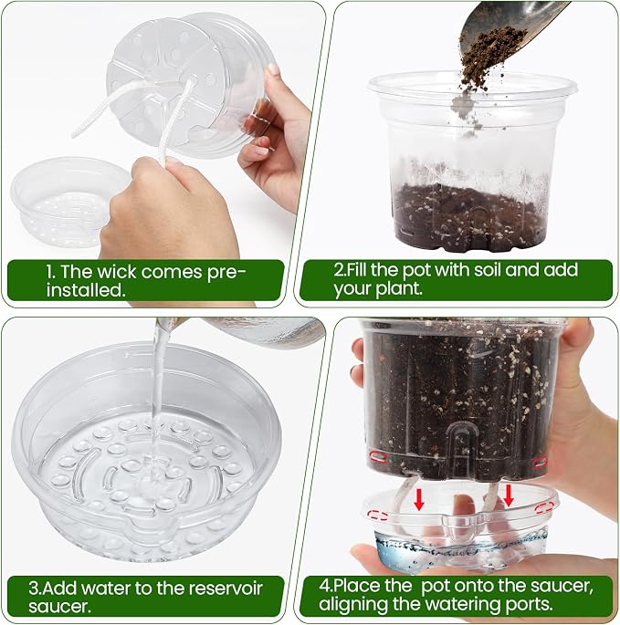 MIXC 12 Pack 6.5 Inch Self Watering Pots for Indoor Plants-Clear Plastic | With Drainage Holes & Deep Reservoirs, Wicking Rope，Root and Water-Level Visibility, Up to 7-Day Water Supply, Reusable