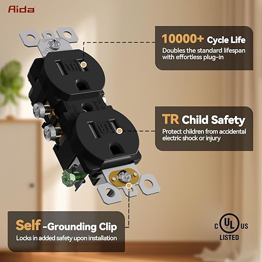 AIDA 20 Pack Matte Black 15 Amp Outlet Duplex Electrical Receptacle Outlets,Power Outlet,Tamper Resistant,Heavy-Duty Receptacle, 2 Pole,3-Wire, Self-Grounding Clip, NEMA 5-15R,UL Listed