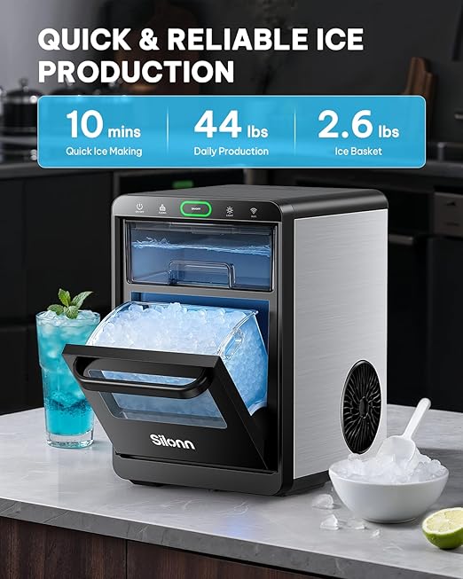 Silonn Nugget Ice Maker Countertop with WiFi Function - 44lbs/24h Crushed Ice Machine, Front Pull-Out Water Tank & Removable Basket, Stainless Steel Finish for Home Kitchen