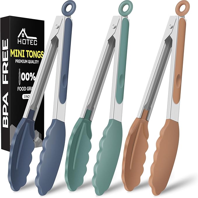 Hotec Mini Silicone Kitchen Tongs for Cooking - 7-Inch Small Serving Tongs with Silicone Tips, Set of 3 (Neutral)