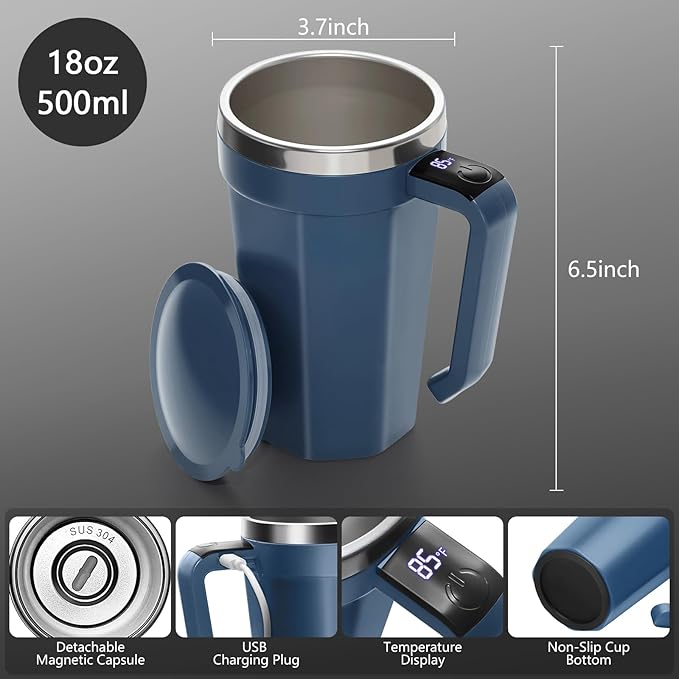 Self Stirring Coffee Mug with Temperature Display, 18 oz Rechargeable Self Stirring Mug with Lid, Automatic Self Stirring Cup, Coffee Mug with Stainless Steel for Coffee, Milk, Beverages, Blue