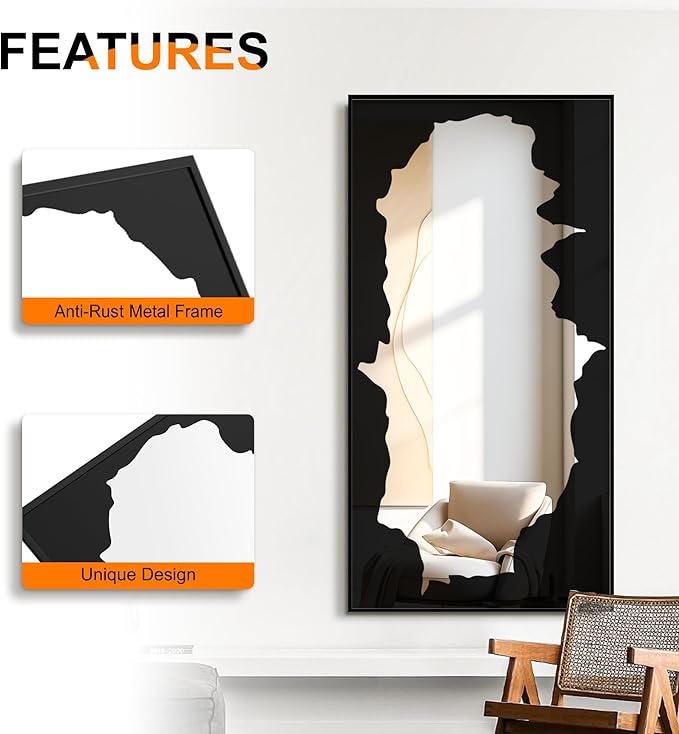 Full-Length Mirror Free Standing Leaning Mirror with Artistic Black Abstract Overlay Deco, 55"x28" Shatterproof Wall-Mounted Mirror, Perfect for Living Room, Bedroom, Cloakroom, and Bathroom Decor
