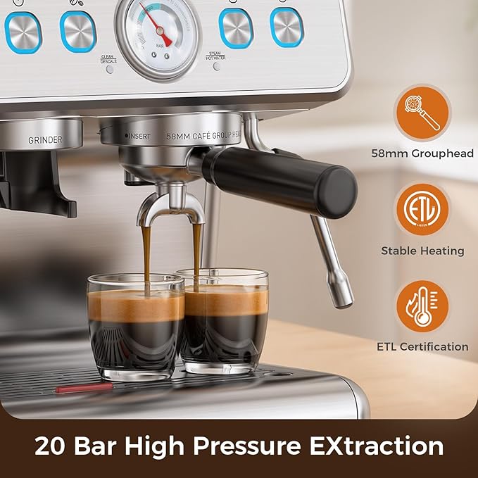 Espresso Machine with Grinder, 20 Bar Expresso Coffee Machines, Professional Coffee Maker for Latte & Cappuccino with Milk Frother, Expresso Machines for Home, Removable Water Tank, Steam Wand-Silver