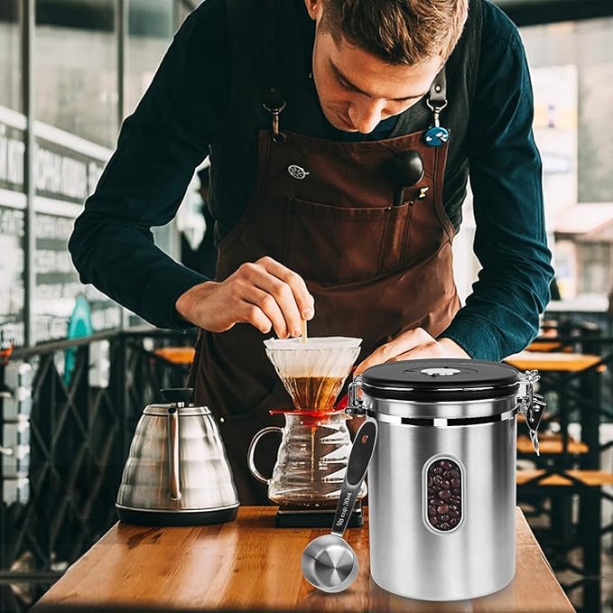 Airtight Coffee Canister with Date Tracker&Transparent Window, 35OZ Coffee Container with 30ML Measure Spoon&4 co2 Valve, Coffee Bean Storage Container for Grounds Coffee, Beans, Tea(Silver)