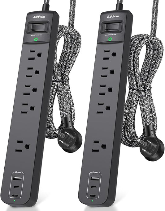 10Ft Long Surge Protector Power Strip - Extension Cord with Multiple Outlets, 5 Widely Outlets 3 USB Charging Ports, Flat Plug Overload Surge Protection, Wall Mount for Home, Office ETL Listed, 2 Pack