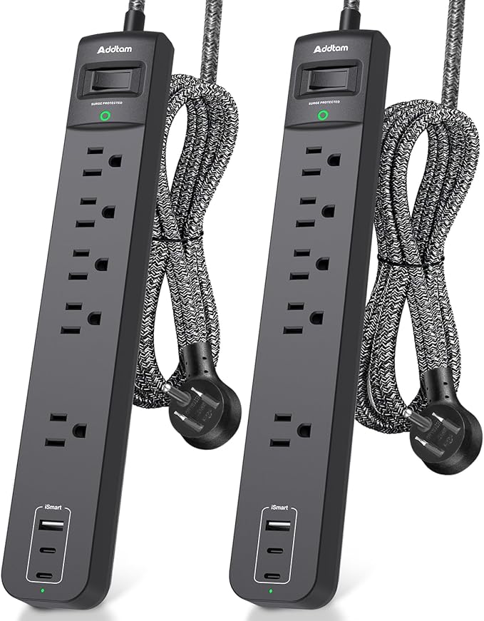 Addtam 2 Pack Power Strip Surge Protector – 5 Wide Spaced Outlets 3 USB (2 USB-C) Charging Ports, 1875W/15A, 5ft Braided Cord, Flat Plug, Overload Surge Protection, Wall Mount for Home, Office & Dorm