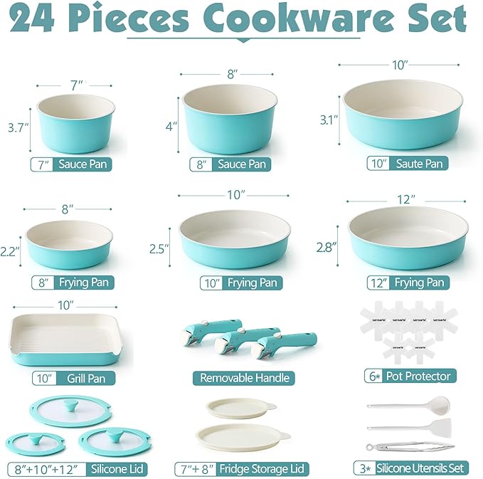 SENSARTE 24 Piece Ceramic Pots and Pans Set, Nonstick Detachable Handle Cookware, Induction Cookware Set with Removable Handle, Healthy Non Stick for RV, Dishwasher＆Oven Safe, PFOA Free (Turquoise)