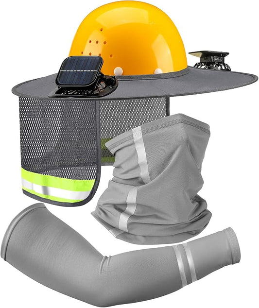 1 Set Sun Hard Hat Shade Full Brim Hard Hat Sun Visor with 2 Solar Fans and Neck Sunshade Cover UV Reflective Strap Arm Sleeves for Construction Workers Outdoor Protection(Grey)
