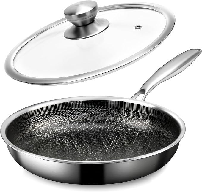 8" Stainless Steel Frying Pan with Lid | Small Stainless Steel Nonstick Pans, Induction & Oven Safe, Stay-Cool Handles, Compatible with All Cooktops, PFOA Free