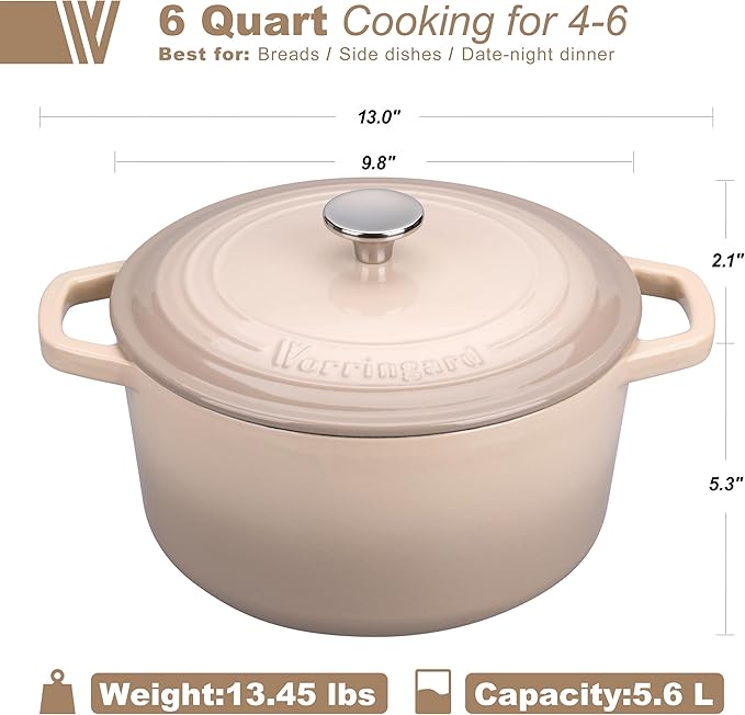 VORRINGARD Enameled Cast Iron Dutch Oven Pot with Lid, for Bread Baking, Round Bread Oven- include Sourdough Bread Baking Supplies Set, 6QT, Latte