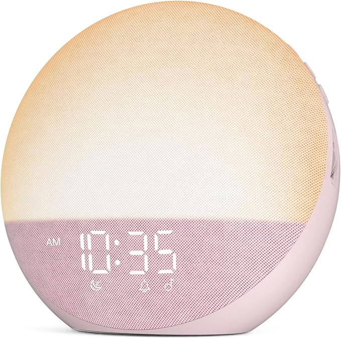 Odokee Sunrise Alarm Clock White Noise Machine: Natural Wake Up Light | Dimmable Clock with Bluetooth Speaker for Bedroom - 25 Sleep Sounds for Baby Adults Kids Sakura Pink
