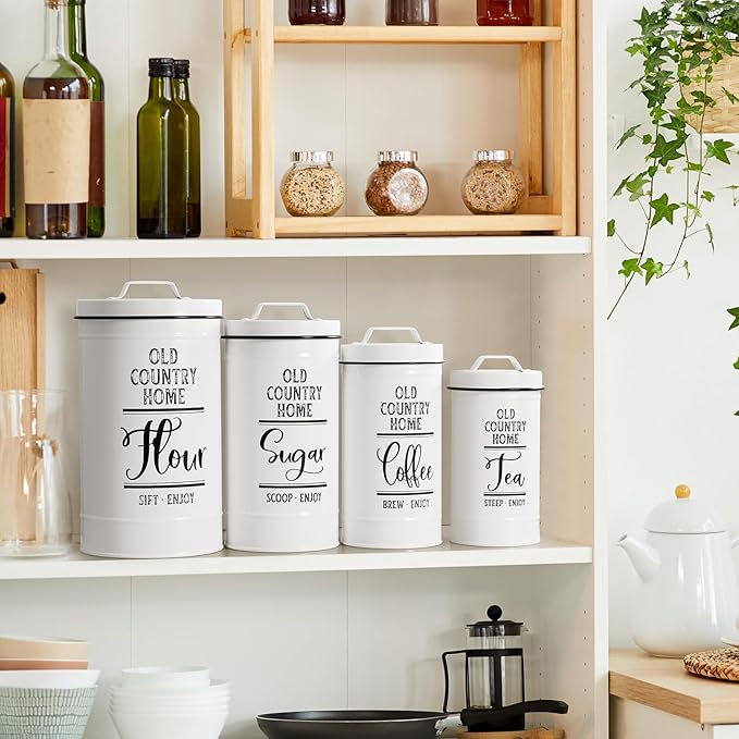 Bivvclaz Canisters Sets for the Kitchen, Airtight Kitchen Canisters for Countertop, Flour and Sugar Containers, Tea Coffee Sugar Canister Set, Coffee Bar Decor and Accessories, Set of 4, White