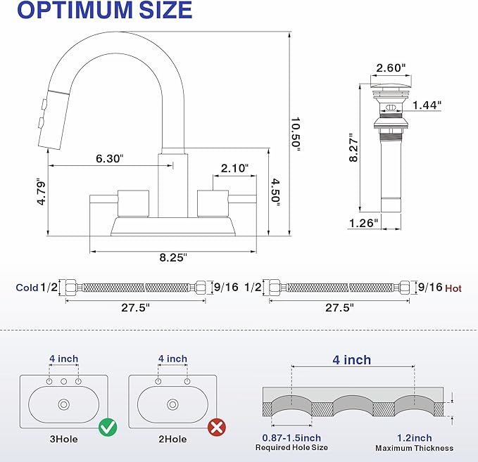 Kablle Bathroom Faucet with Pull Down Sprayer 3 Holes, Brushed Nickel 4 inch 2 Handles Centerset Laundry Bar Basin Pull Out Bathroom Sink Faucet with Pop-Up Drain, KBL-6002BN