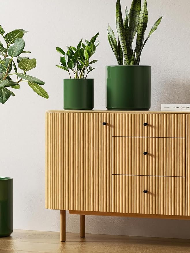 LE TAUCI 10+8+6 Inch Ceramic Pots for Plants, Indoor Planters with Drainage Hole and Plug, Modern Cylinder Flower Pots Set of 3 for Living Room and Kitchen, Glossy, Bamboo Green