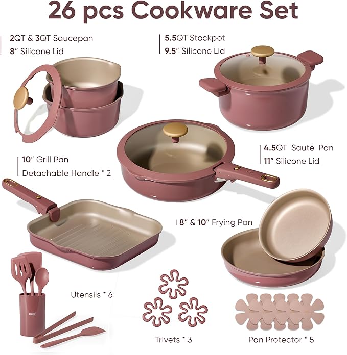 CAROTE 26 Pcs Pots and Pans Set, Nonstick Cookware Sets with Detachable Handle, Titanium Reinforced, Oven Safe, Cookware Non Stick Cooking Set w/Frying Pans & Saucepans Red(PFOS, PFOA Free)