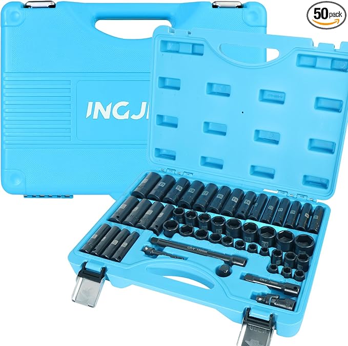 Impact Socket Set, 3/8 inch 50 Piece SAE and Metric Set, Standard SAE (5/16 to 3/4 inch) and Metric (8-22mm) 6 Point, Extension Bars, Impact Universal Joint, Adapter, Cr-V Steel