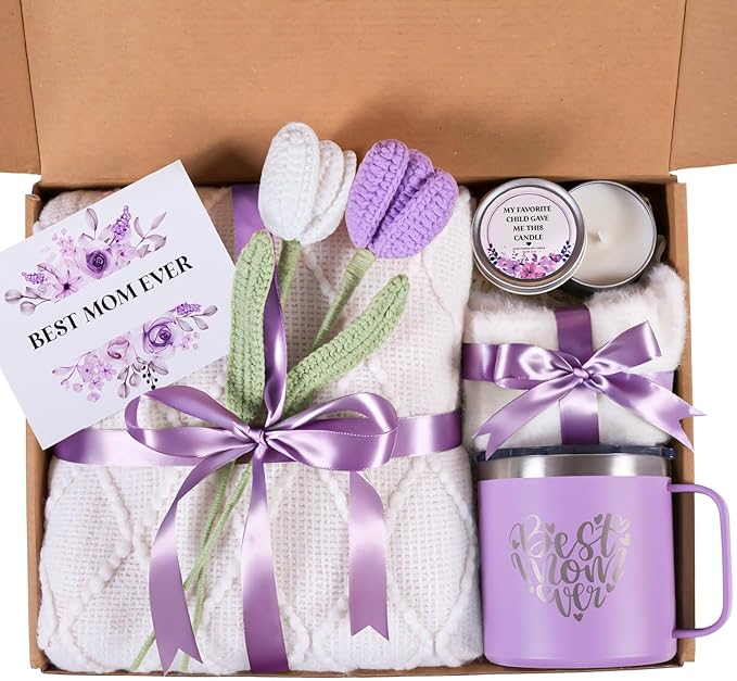 Mothers Day Gifts for Mom from Daughter Son Child, Mother Day Gift Basket for Stepmom, Mother-in-Law, Best Mom Ever Gift Box Set with Blanket Coffee Mug Socks Crochet Tulips Flower