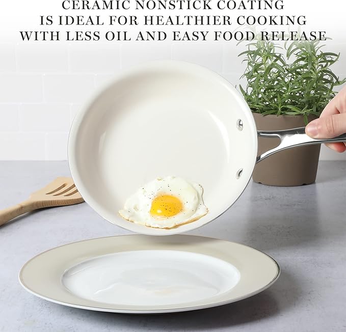 Martha Stewart Lockton Premium Nonstick PFA Free Ceramic Interior 10 Piece Enamel Heavy Gauge Aluminum Pots and Pans Cookware Set - Butter Cream
