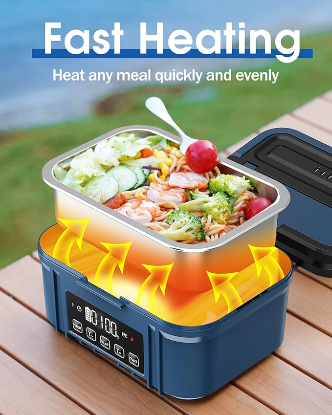Cordless Electric Lunch Box for Adults – Battery-Powered Heated Lunch Box with 1.2L Stainless Steel Container, Timer Function, and Leak-Proof Food Warmer for Work, Travel & Office(Aqua Blue)