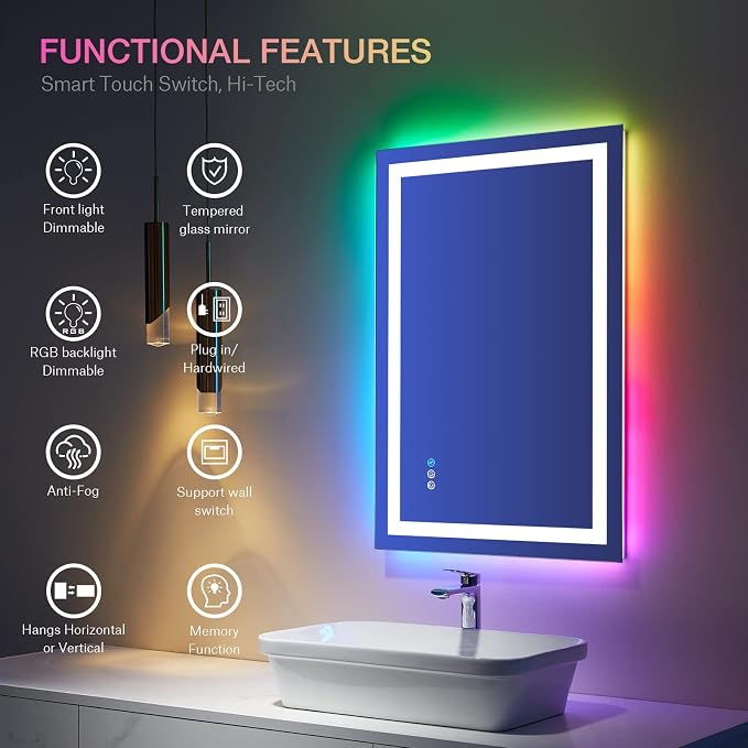 LOAAO 28"X36" RGB LED Bathroom Mirror with Lights, Anti-Fog, Dimmable, Lighted Bathroom Vanity Mirror, Multiple Light Modes, RGB Backlit + Front Light, Memory Function, Tempered Glass, ETL Listed