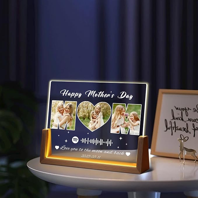 Personalized Mothers Day Birthday Gifts For Mom, Custom Spotify Plaque Mom Gifts From Daughter Son Husband, Light Up Picture Frame With Photo Name Customized Gift For Mama Grandma Wife