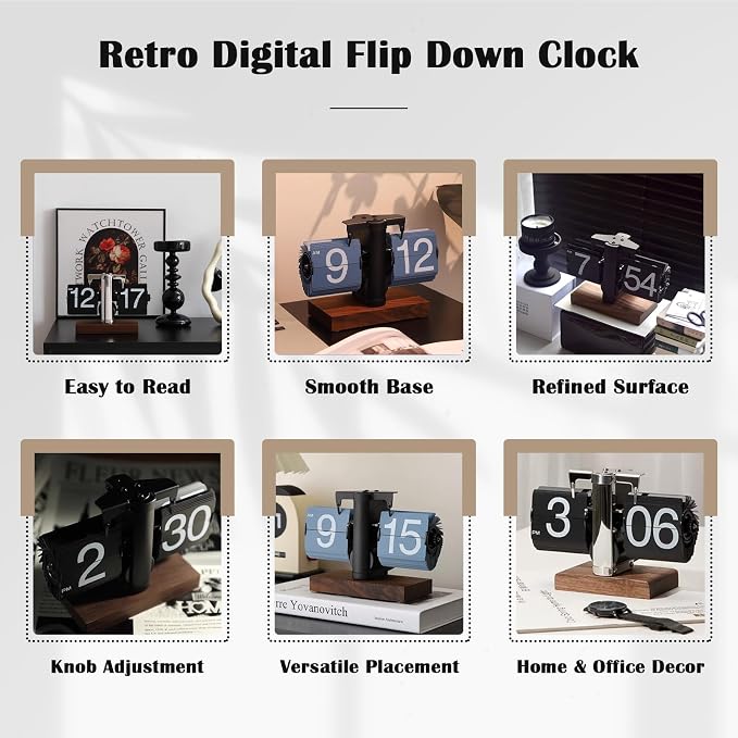 VBESTLIFE Retro Digital Flip Down Clock, Battery Powered Internal Gear Operated Clock, Classic Mechanical, Black Walnut Base, for Home & Office Decor (Blue)