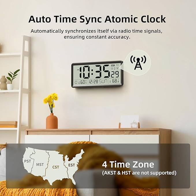 EASYERA 15'' Large Digital Atomic Wall Clock Battery Operated, Self-Setting | Indoor Temperature and Humidity, Large Display, Self-Setting,Auto DST,for Kitchen/Classroom/Living Room(Battery Not Included)