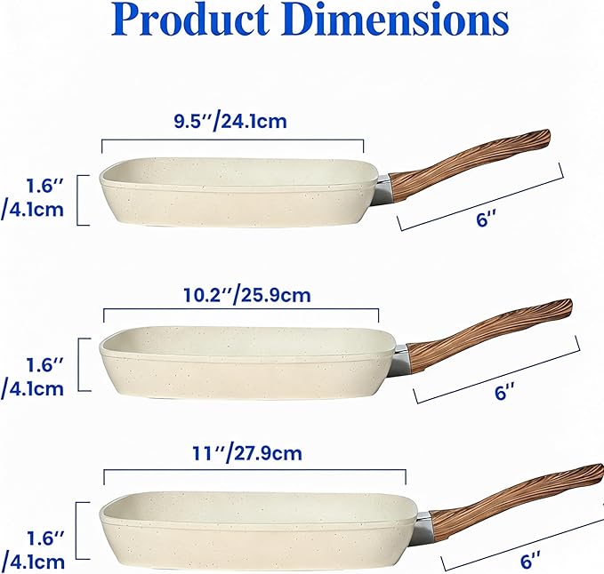 Simple Deluxe 3 Pieces Nonstick Grill Pan Set, Square Versatile Griddle Pans with Wooden Handle, Durable Skillet Indoor & Outdoor Use, All Stovetops Compatible(9.5", 10.2", 11"), PFOA Free, Beige