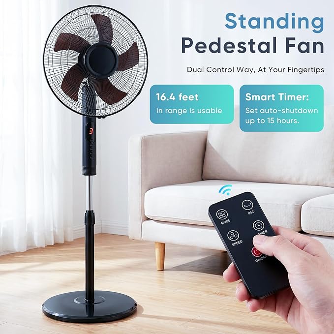 NEWBULIG 17" Pedestal Fan with Remote, 15H Auto Timer, Quiet Standing Fan for Bedroom, Living Room & Office, 3 Speeds, 3 Modes, Adjustable Height & 80° Oscillation