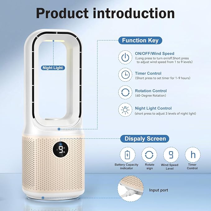 Small Bladeless Desk Fan Quiet, 14 Inch USB Rechargeable Table Fan with 5000mAh Battery, 60° Oscillating 9 Speeds Touch Control, 3 Light Modes, Mini Portable Fan for Office Bedroom Living Room