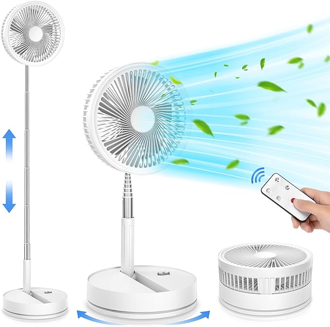 Portable Foldable Rechargeable Oscillating Fan - 8.6" 8000mah Battery Operated USB C Small Fan with Remote Quiet Table Desk Fan Folding Standing Pedestal Fan for Bedroom Rome Office Camping Travel