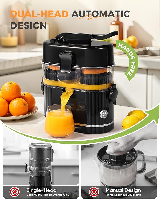 Electric Orange Juicer, Dual-Head Citrus Juicer Squeezer with Power Cord & Cleaning Brush, Built-in Cutter, One-Touch Automatic Electric Juicer Machine for Orange, Lemon and Grapefruit, Black