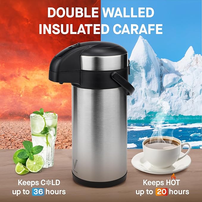 VONDIOR Airpot Coffee Dispenser with Pump - 169 Oz Insulated Stainless Steel Coffee Carafe - Thermal Beverage Dispenser - Coffee Urn for Hot/Cold Water, Party Chocolate Drinks