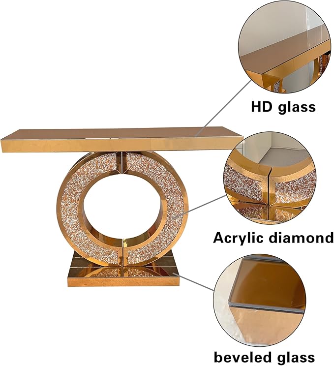 SSLine Mirror Console Table for Living Room 43" Modern Mirrored Entryway Table with Crystal O-Shape Base Luxury Brown Glass Foyer Tables for Entryway Hallway