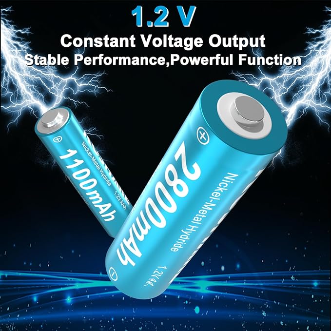 Rechargeable Ni-MH Battery with Charger, 8 Pack 1.2V 2800mAh AA and 1100mAh AAA High Capacity Ni-MH Batteries, Rechargeable up to 800 Times, Pre-Charged (Black+Blue, 4AA4AAA+8Slot Charger)