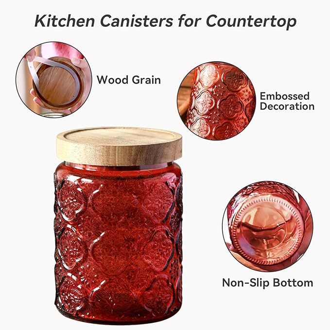 Glass Jar with Lid, Vintage Glass Storage Jars with Airtight Lid Coffee Canister Sugar Container for Kitchen Counter Pantry, Spice, Candy, Coffee Beans, Tea, Cookie (24 FL OZ Red Sunflower)