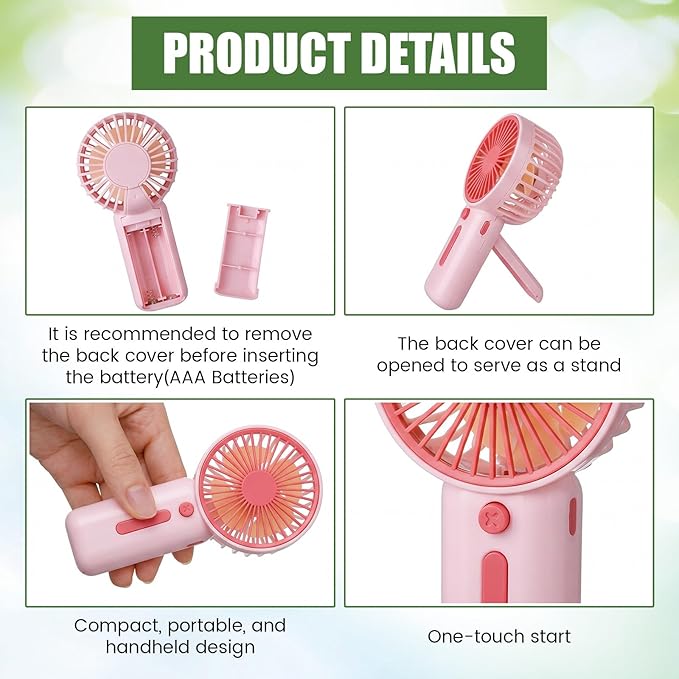 EBOOT 12 Pack Mini Portable Fans Bulk with Foldable Stand, Small Handheld Fan Pink Battery Operated Fan for Women Men Travel, Gym, Office, Wedding, Camping, Makeup