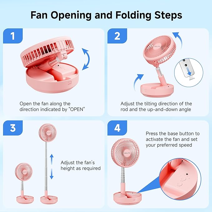 Belife X8 Portable Fan, 7200mAh Battery Powered Rechargeable, Oscillating USB Desk Floor Fan with Remote, Foldable Telescopic Fan for Home Bedroom Sleeping Office Camping Travel, 7.7" (Pink)