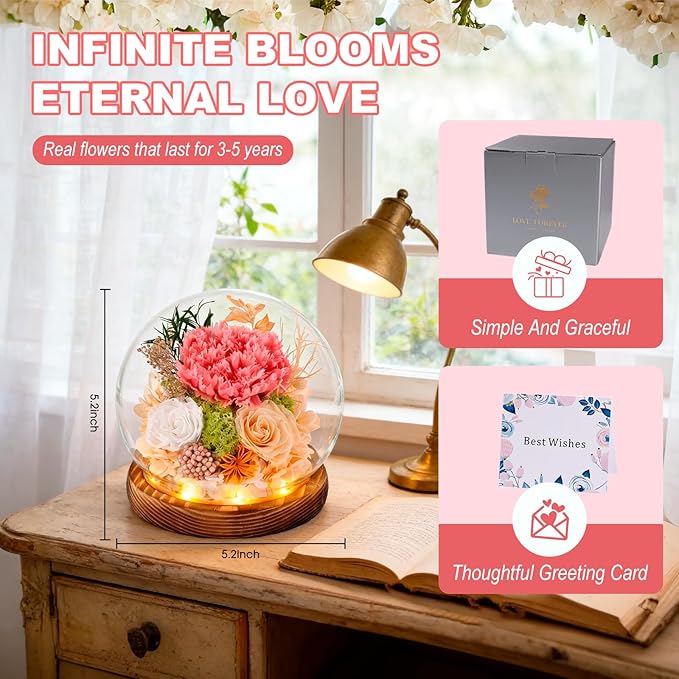 FIACO Gifts for Mom Women Preserved Flowers in Glass Dome Forever Flowers for Delivery Prime Eternal Roses Mothers Day Birthday for Grandma Sister Daughter Wife Her Girlfriend, Pink