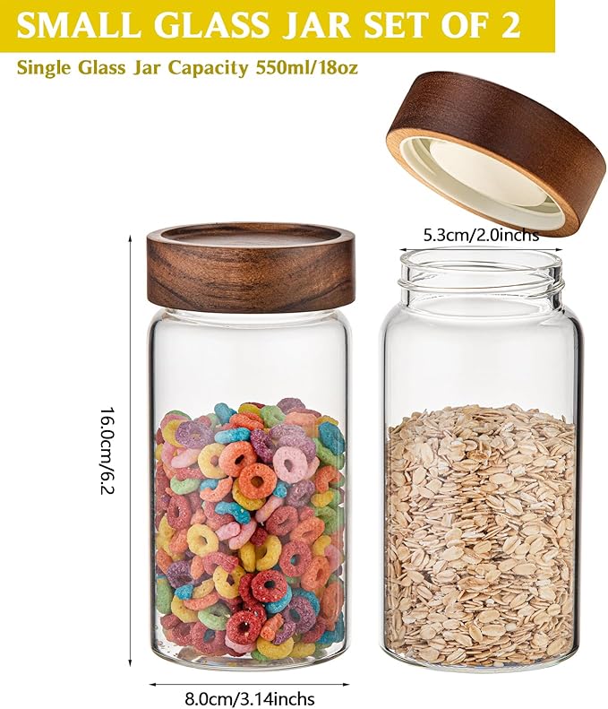18 OZ Glass Coffee Jars with Top Screw Lid Ground Sugar Spice Herb Container Clear Glass Jar Round Food Storage Canister for Pantry Tea Coffee Bean Spice Cookies Salts (2×550ml(18oz))