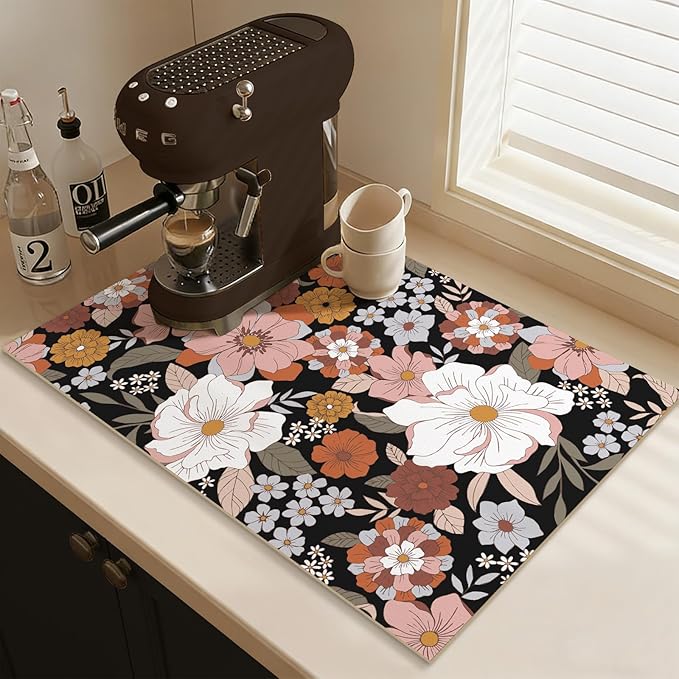 Retro Floral Dish Drying Mat Super Absorbent Coffee Mat, Fit Under Coffee Maker Espresso Machine (Abundant Blooms,Black)
