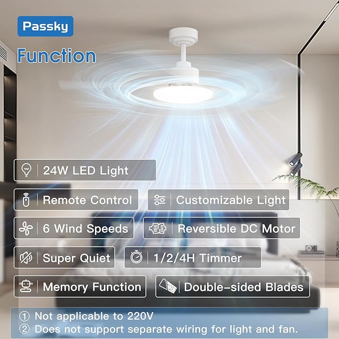Passky Ceiling Fans with Lights, 52 inch Sleek Ceiling Fan with Light and Remote Control, 3CCT, Dimmable, Reversible, Noiseless, White Ceiling Fan for Bedroom, Living Room