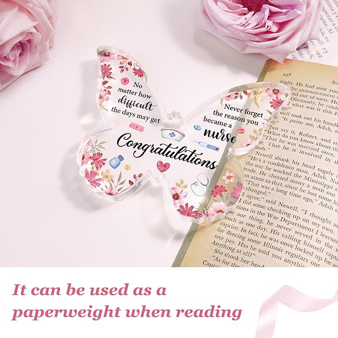 Nurse Graduation Gift for Women, Nurse Week Appreciation Gifts - Pink Butterfly Acrylic Plaque 5x3.8 IN - Graduation Gifts for Nursing Student, Nursing School Gifts, RN Gifts for Nurses