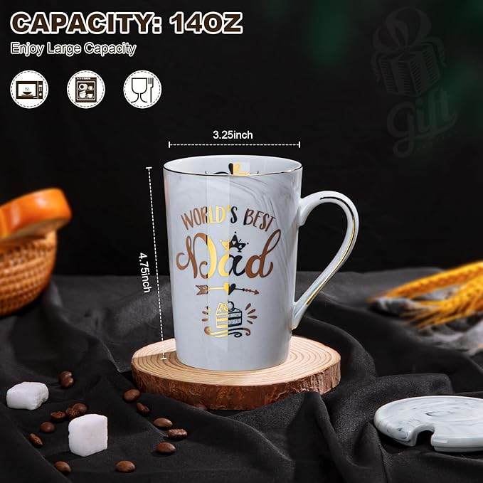 Birthday Gifts for Dad from Daughter, Son or Wife, Worlds Best Dad Mug – 14Oz Unique Grey Marble Coffee Cup with Gold Print, Funny Christmas Fathers Day Present, with Lid, Spoon, Card, Luxury Gift Box
