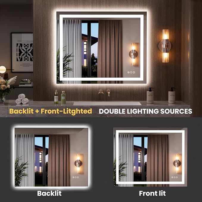 LOAAO 39.4"x31.5" LED Bathroom Mirror with Lights, Anti-Fog, Dimmable, Backlit + Front Lit, Lighted Bathroom Vanity Mirror for Wall, Memory Function, Tempered Glass, Safe to Use, ETL Listed