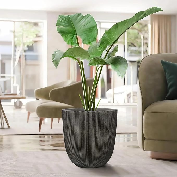 Vintage Black Faux Cement Ribbed Planter, 14.8"H Tall Tapered Egg-Shaped Plastic Plant Pot with Drainage Hole & Plug, Large Modern Indoor Outdoor Flower Pot for Home, Garden, Patio and Houseplants