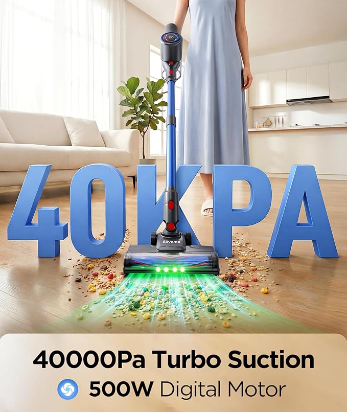 S10 Cordless Vacuum Cleaner, 40KPA/500W/45Mins, LED Display | 8-in-1 Lightweight Stick Vacuum Cleaners for Home with Green LED Light, 6-Stages Filtration, Self-Standing Design, Blue